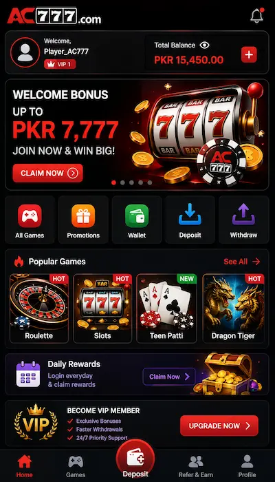 AC777 Game dashboard showing mobile gaming interface and game options