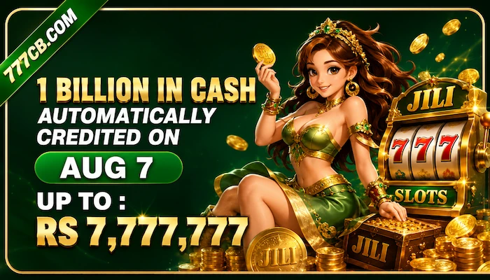777CB Game promotional banner with JILI slots, green theme, coins, and cash reward