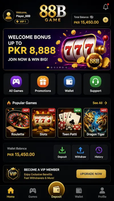 88B Game dashboard showing games, bonus banner, wallet, deposit, withdrawal, and profile options