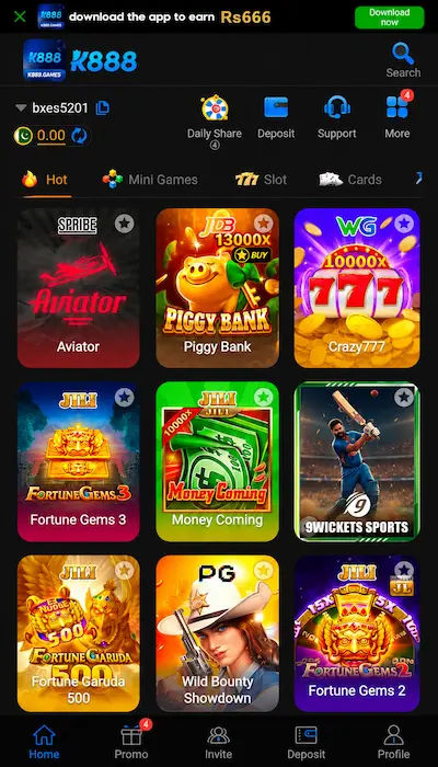 K888 Game dashboard showing games, slots, cards, deposit, promo, and profile options