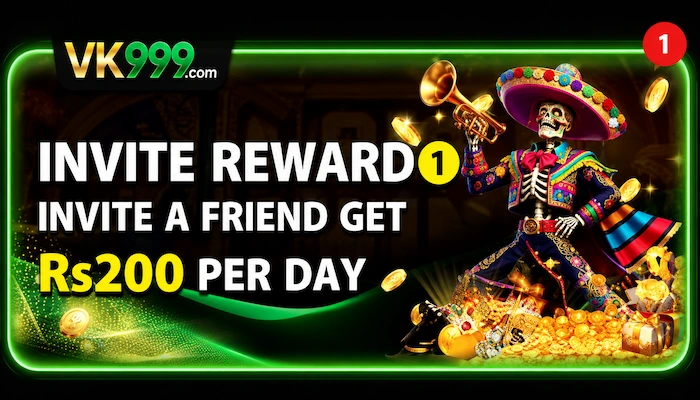 VK999 Game invite reward banner with referral bonus promotion.
