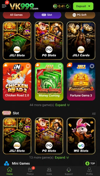 VK999 Game dashboard featuring slots, mini games, and popular game categories.